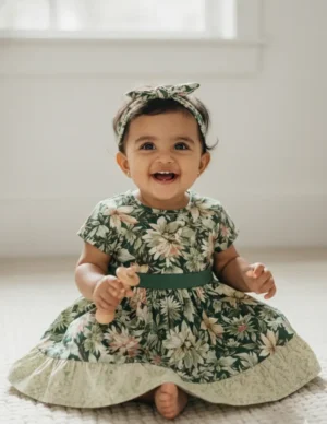 নেভি গ্রিন ফ্লোরাল প্রিন্ট কটন বেবি ফ্রক - সাজমহল শপ।